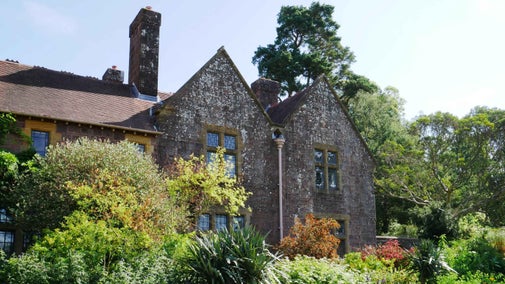 The east wing of Knightshayes poking out from behind shrubs in summer